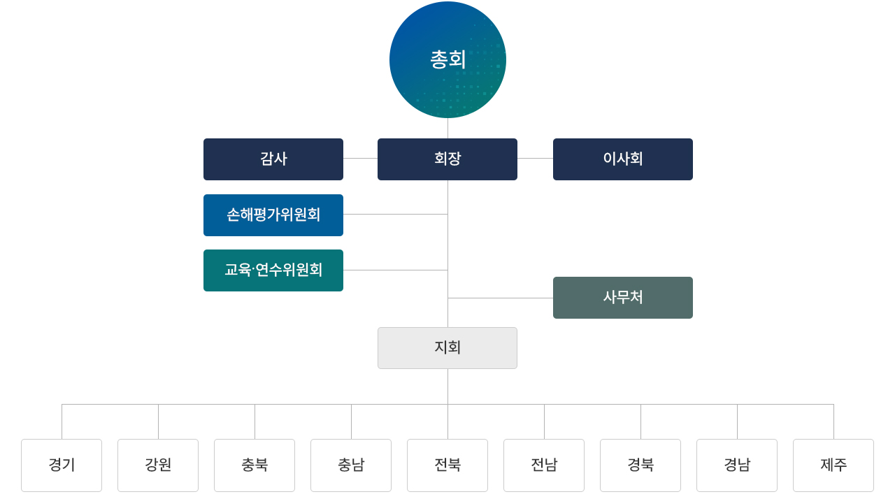 총회/감사/회장/이사회/사무처/지회/경기/강원/충북/충남/전북/전남/경북/경남/제주