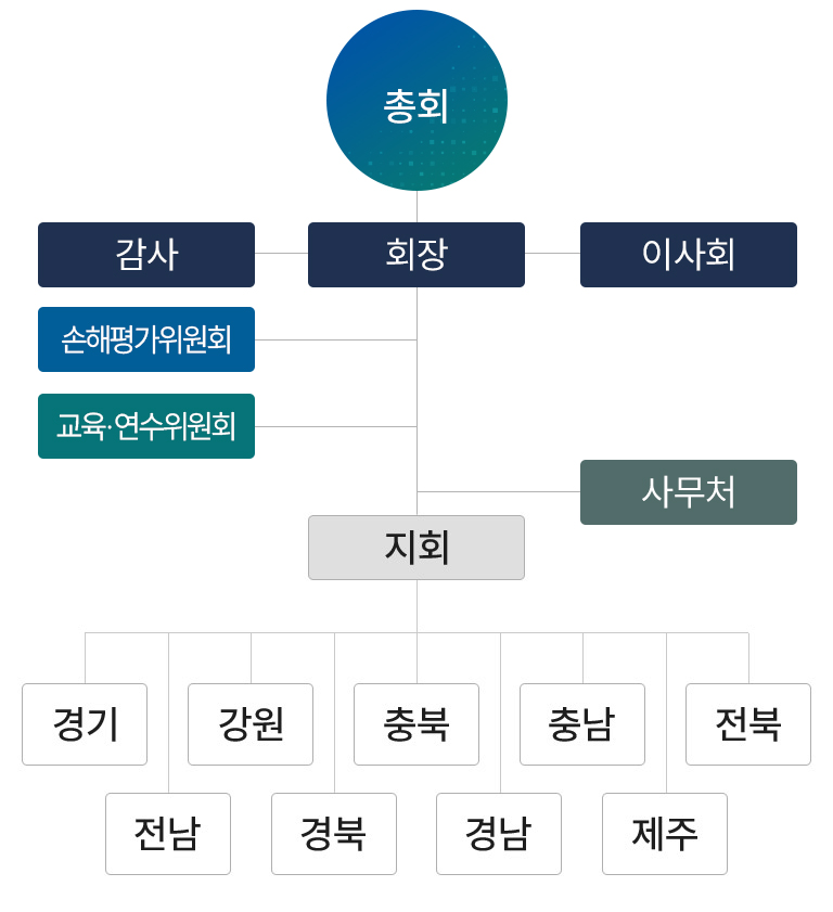 총회/감사/회장/이사회/사무처/지회/경기/강원/충북/충남/전북/전남/경북/경남/제주